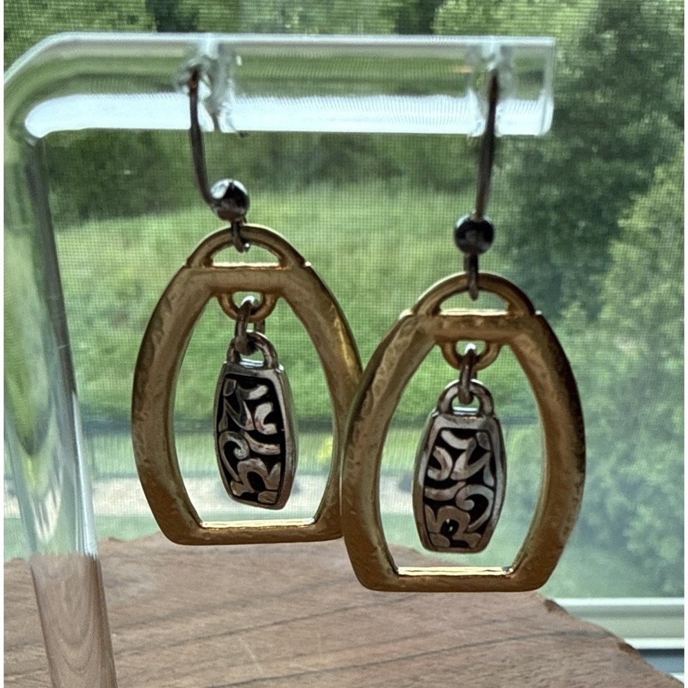 Brighton Earrings Rectangle Two Tone Charm Dangle Pierced French Wire